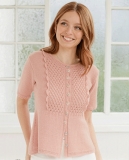 НІЖНИЙ КАРДИГАН З АЖУРНИМ МАЛЮНКОМ СПЕРЕДУ, КОРОТКИМИ РУКАВАМИ ТА ОБРОБЛЕННИМИ ГАЧКОМ КРАЯМИ 